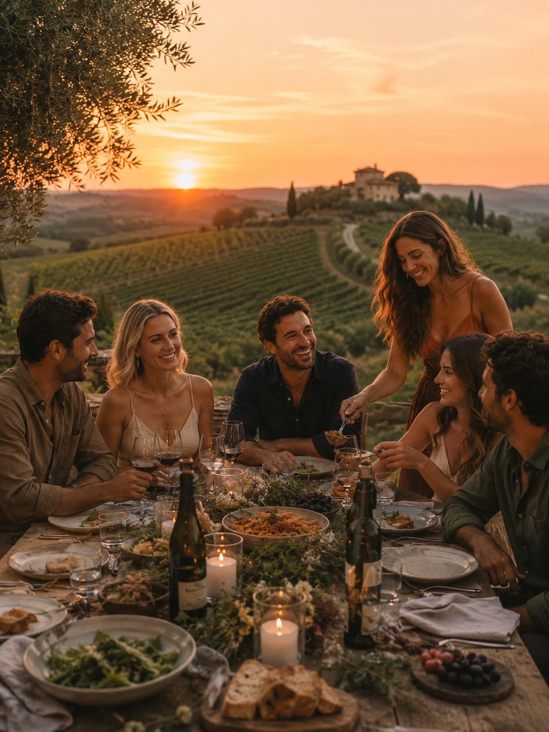 Italian dinner on terrace overlooking vineyards